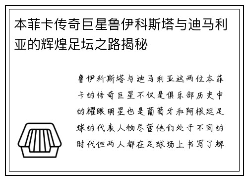 本菲卡传奇巨星鲁伊科斯塔与迪马利亚的辉煌足坛之路揭秘